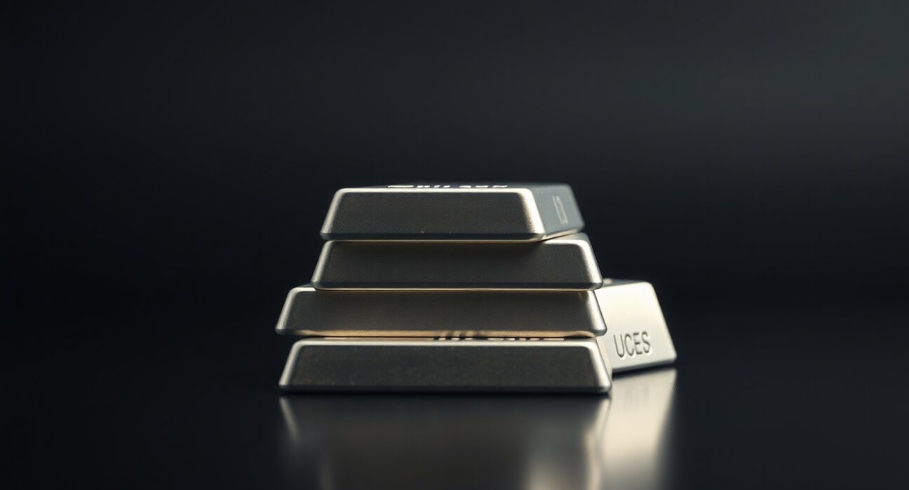 Stacked silver bars on a dark reflective surface with soft lighting.