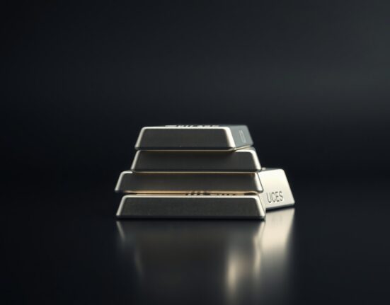 Stacked silver bars on a dark reflective surface with soft lighting.