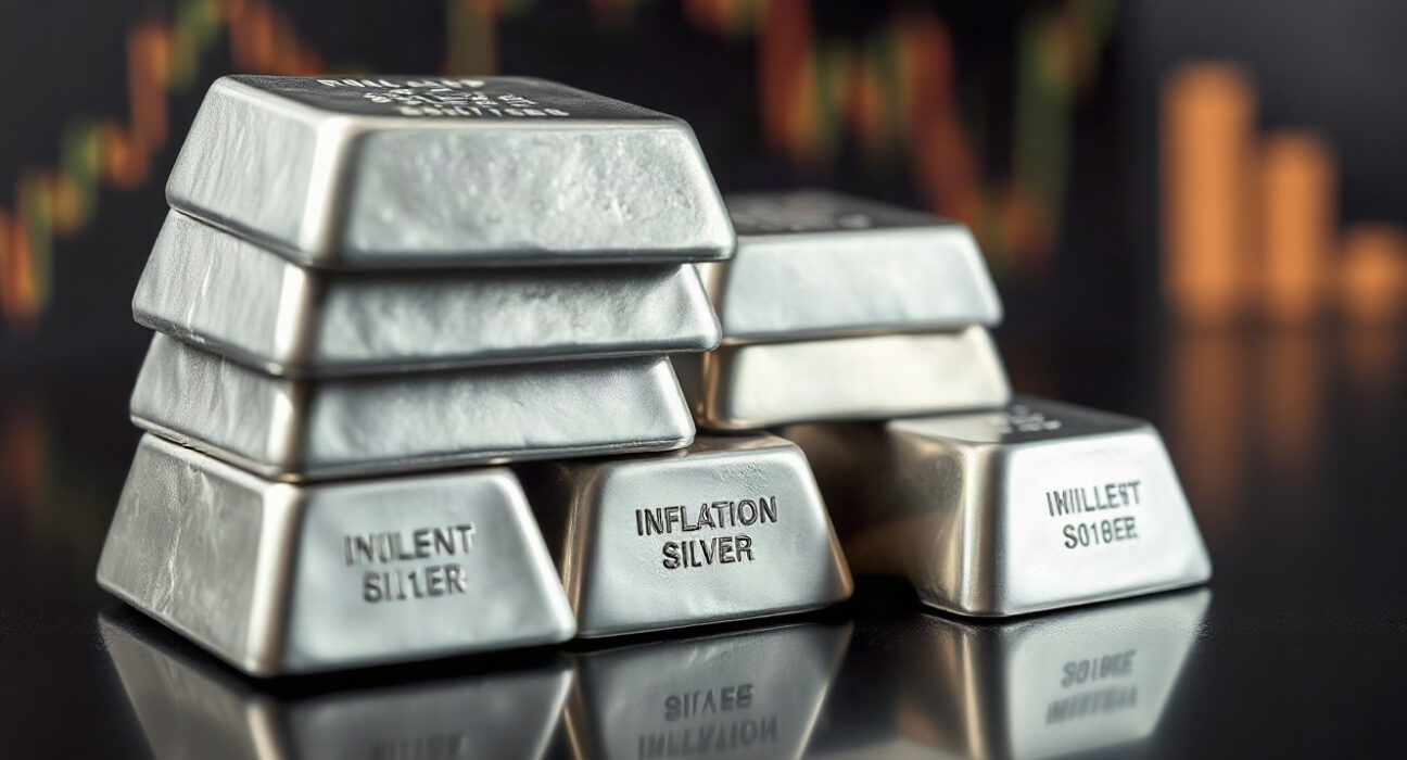 Silver bullion bars stacked, representing the metal's price rebound and market uncertainty.