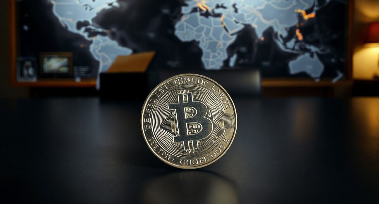 Silver bullion coin on dark surface with world map and negotiation table in background