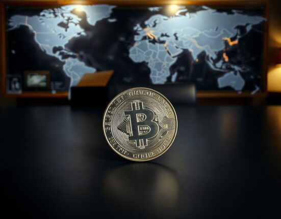 Silver bullion coin on dark surface with world map and negotiation table in background