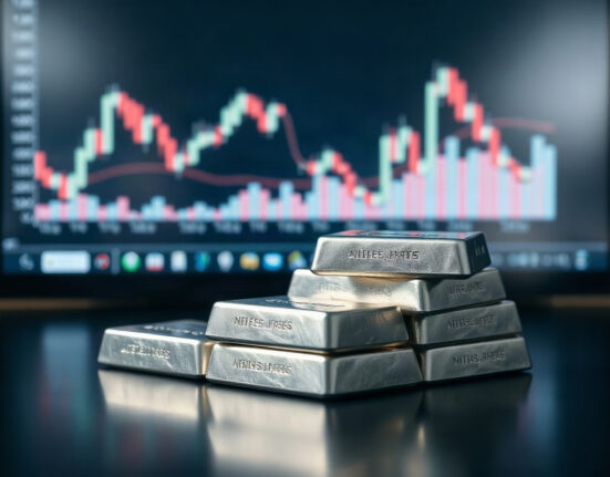 Silver bullion bars with a financial chart in the background, reflecting market uncertainty ahead of PCE data.