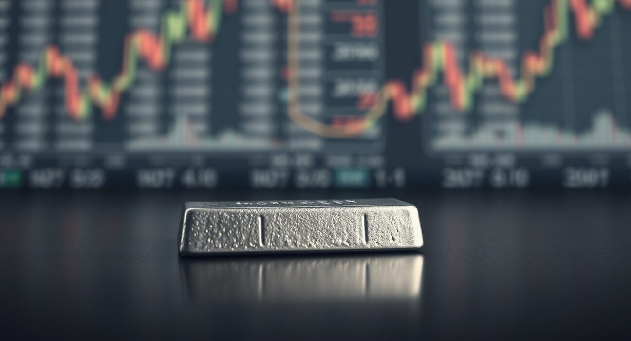 Silver bar on reflective surface with soft lighting and blurred financial charts in background