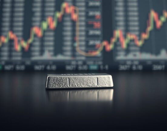 Silver bar on reflective surface with soft lighting and blurred financial charts in background