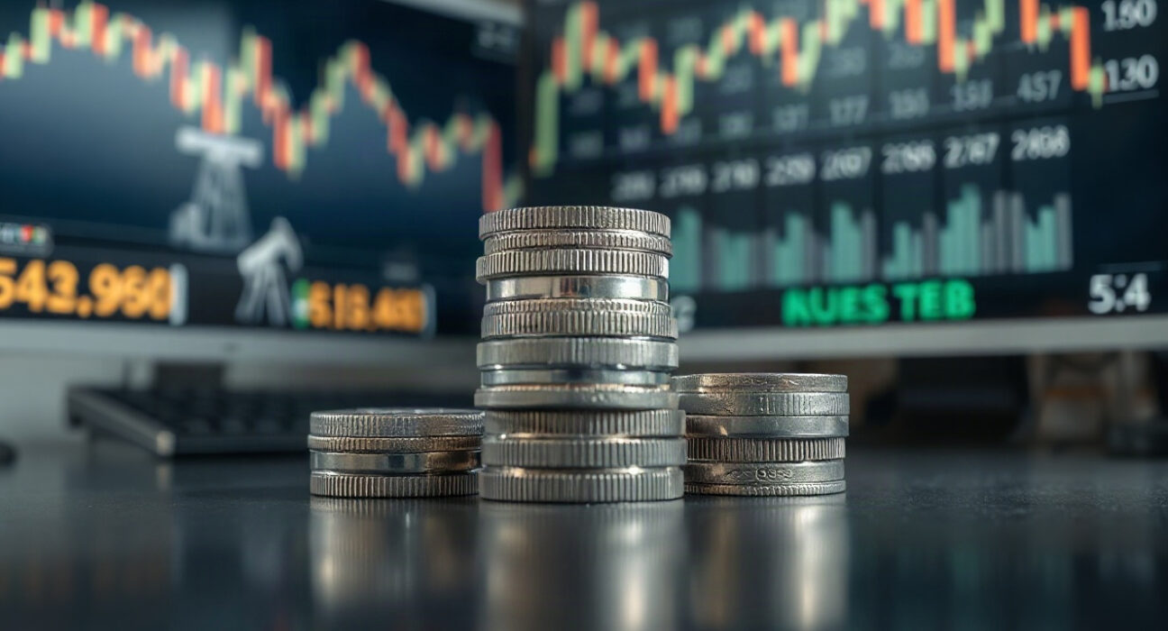 Silver bars and coins with oil derrick and market chart in background, symbolizing price pressures