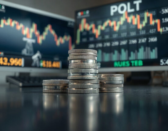 Silver bars and coins with oil derrick and market chart in background, symbolizing price pressures