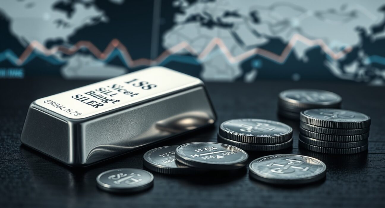 Silver bars and coins on a dark surface representing precious metals market decline