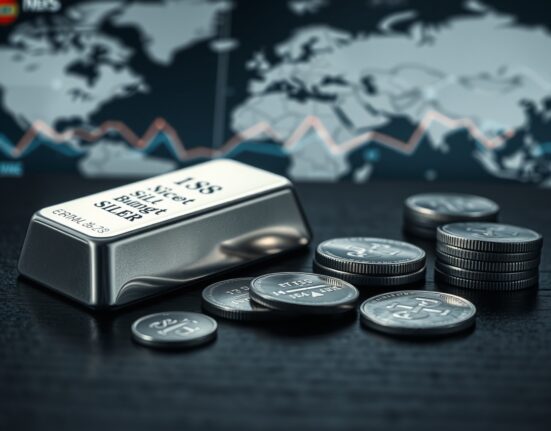 Silver bars and coins on a dark surface representing precious metals market decline