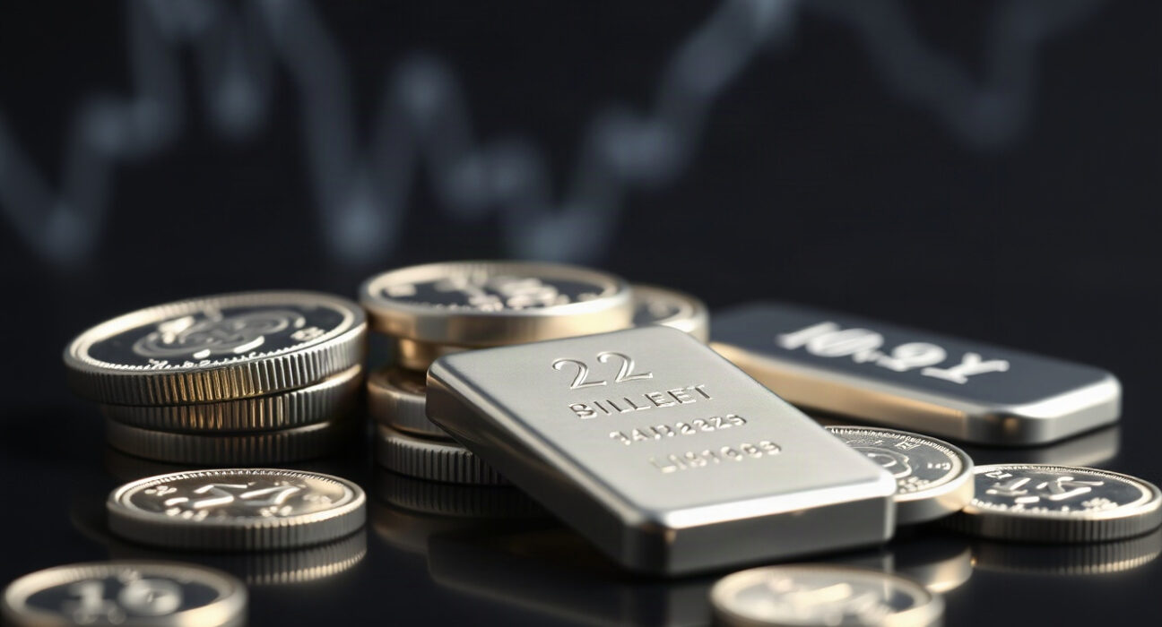 Silver bullion coins and bars on a reflective surface with a market chart in the background