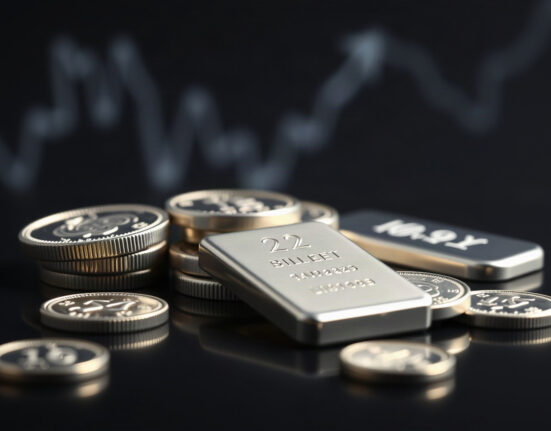 Silver bullion coins and bars on a reflective surface with a market chart in the background