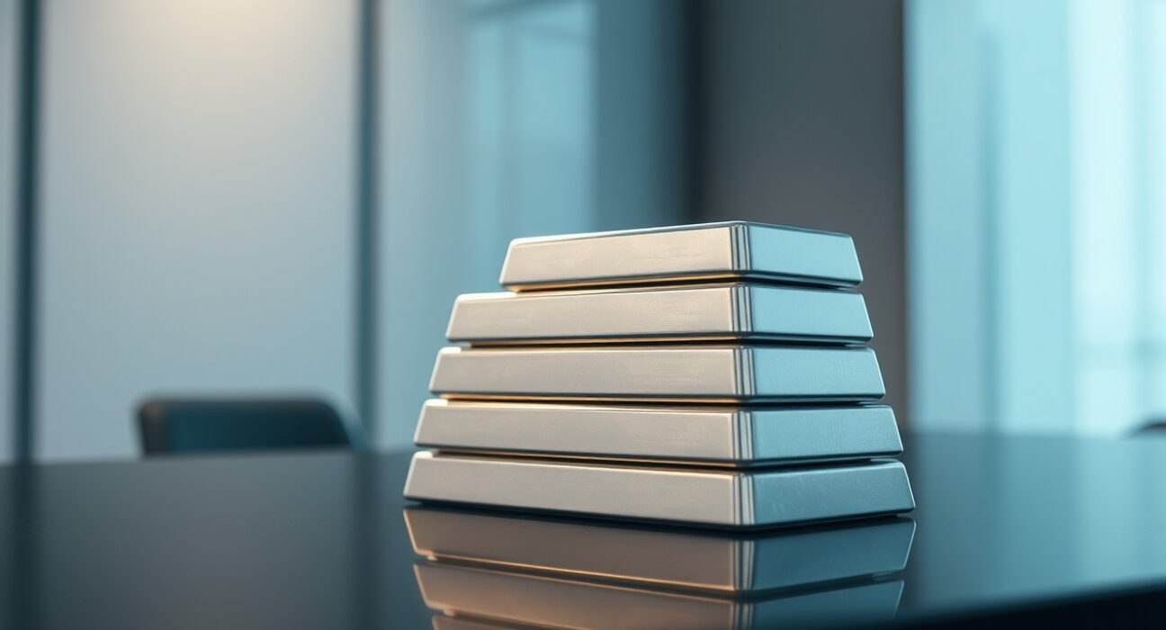 Stack of polished silver bars on a dark surface in a modern financial setting