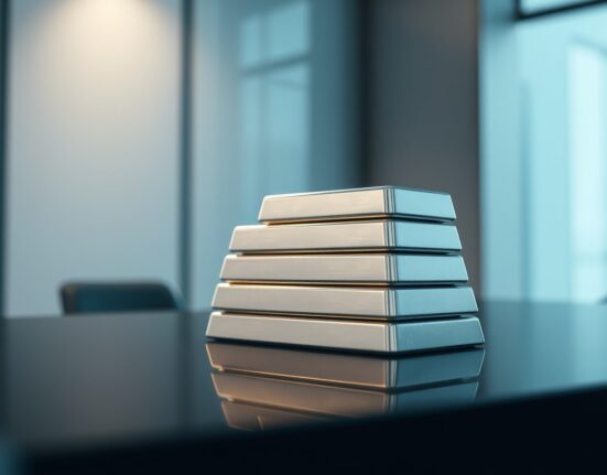 Stack of polished silver bars on a dark surface in a modern financial setting