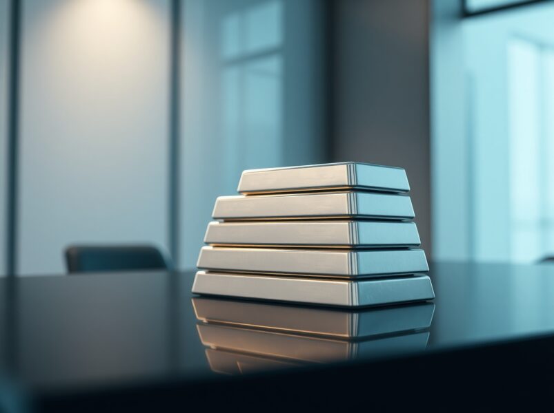 Stack of polished silver bars on a dark surface in a modern financial setting