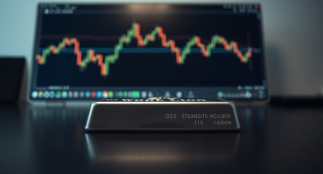 Silver bullion bar on a dark surface with a financial chart in the background, representing price decline.