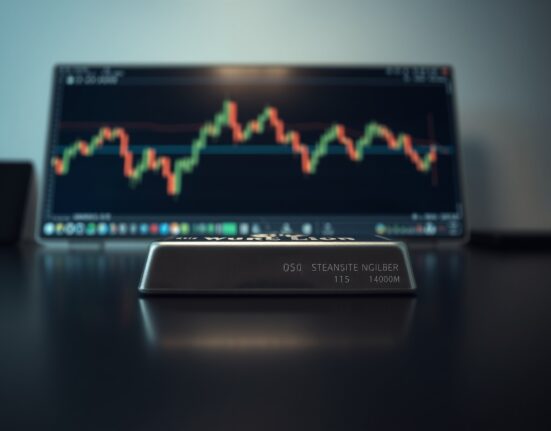 Silver bullion bar on a dark surface with a financial chart in the background, representing price decline.