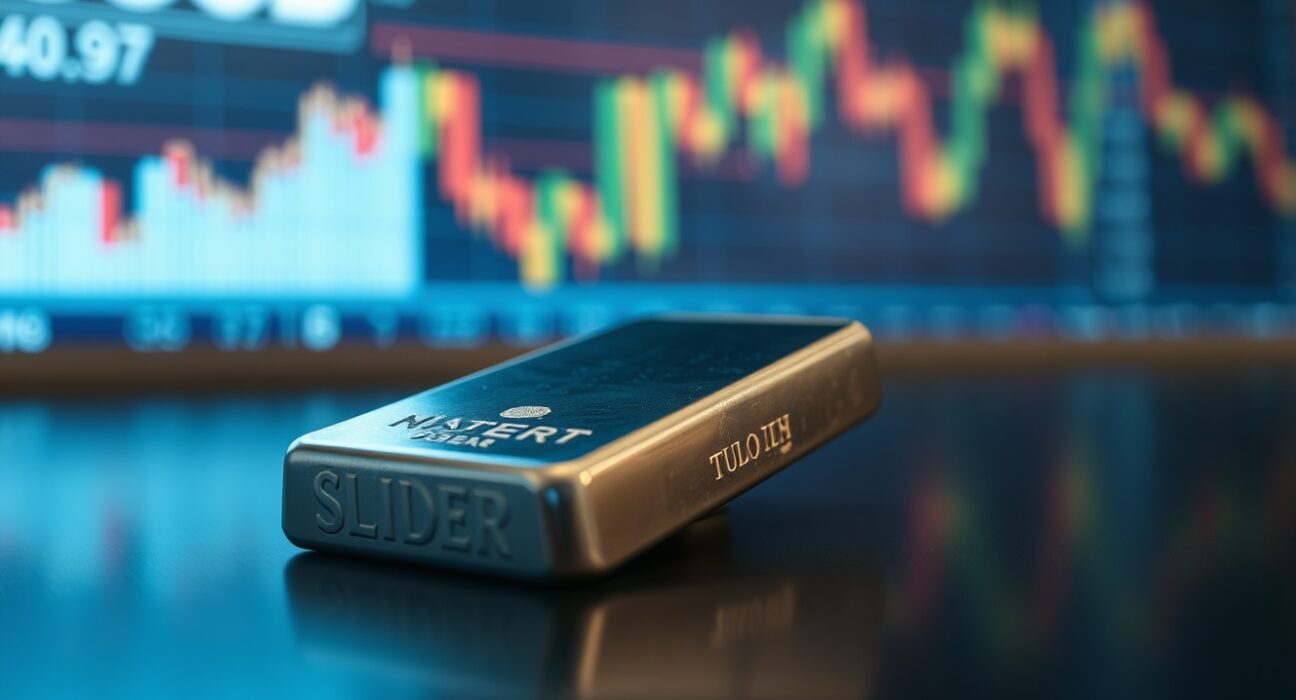 Silver bar on reflective surface with blurred economic chart background