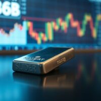 Silver bar on reflective surface with blurred economic chart background
