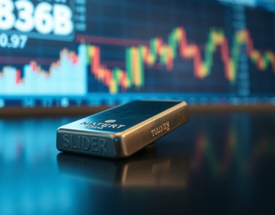 Silver bar on reflective surface with blurred economic chart background