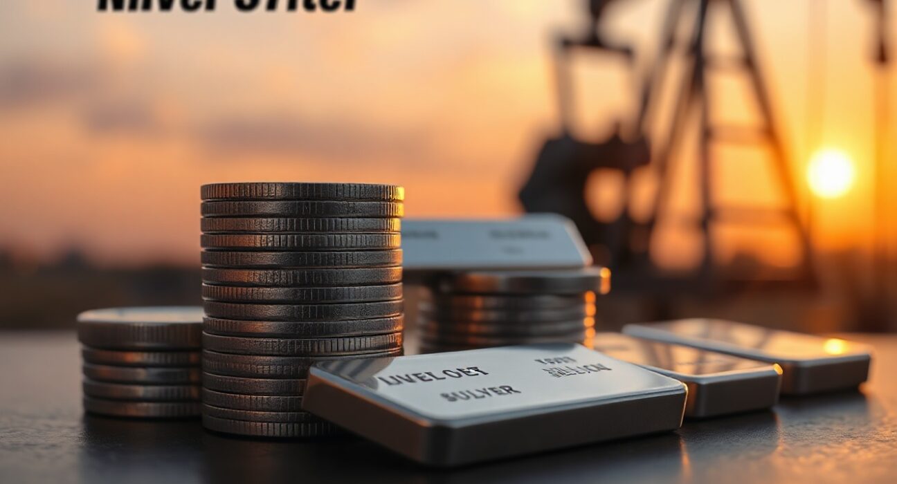 Silver bullion coins and bars on a reflective surface with an oil pumpjack silhouette in the background