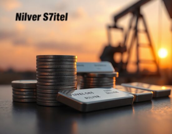 Silver bullion coins and bars on a reflective surface with an oil pumpjack silhouette in the background