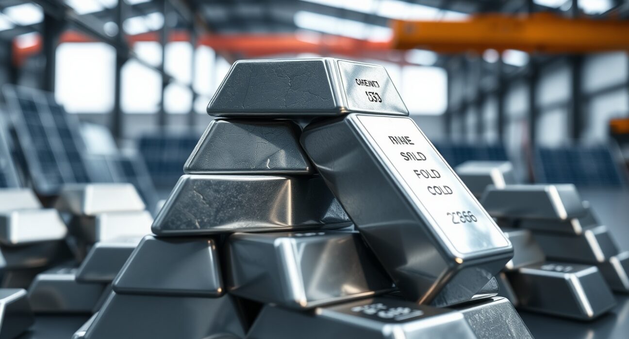 Stack of silver bars in an industrial setting, representing supply and industrial demand.