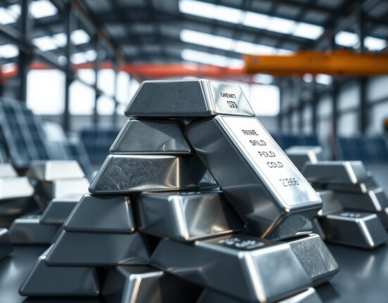 Stack of silver bars in an industrial setting, representing supply and industrial demand.