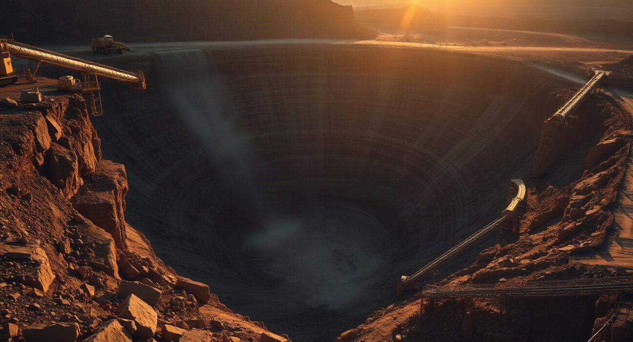 Open-pit silver mine with heavy machinery at dawn, illustrating long lead times for silver supply.