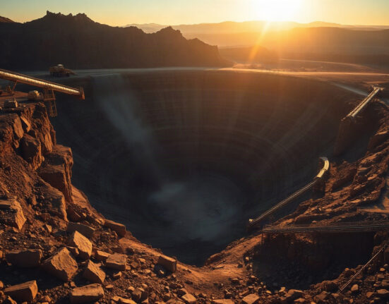 Open-pit silver mine with heavy machinery at dawn, illustrating long lead times for silver supply.