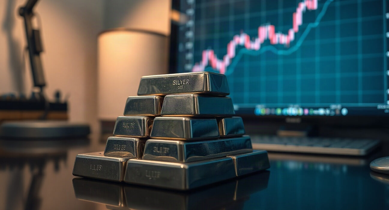 Silver bullion bars on a reflective surface with a financial chart in the background