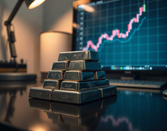 Silver bullion bars on a reflective surface with a financial chart in the background