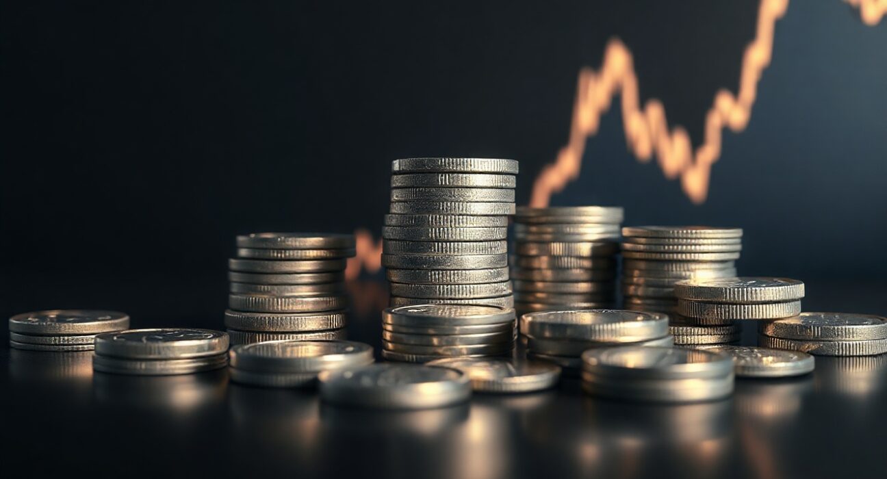 Silver bullion coins and bars on a reflective surface with a faint price chart in the background, representing the $65 test.