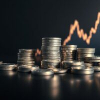 Silver bullion coins and bars on a reflective surface with a faint price chart in the background, representing the $65 test.