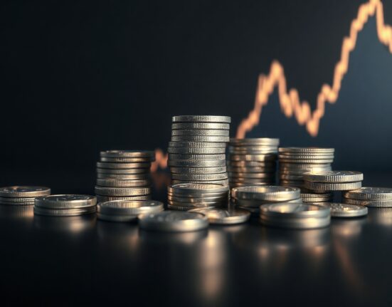 Silver bullion coins and bars on a reflective surface with a faint price chart in the background, representing the $65 test.