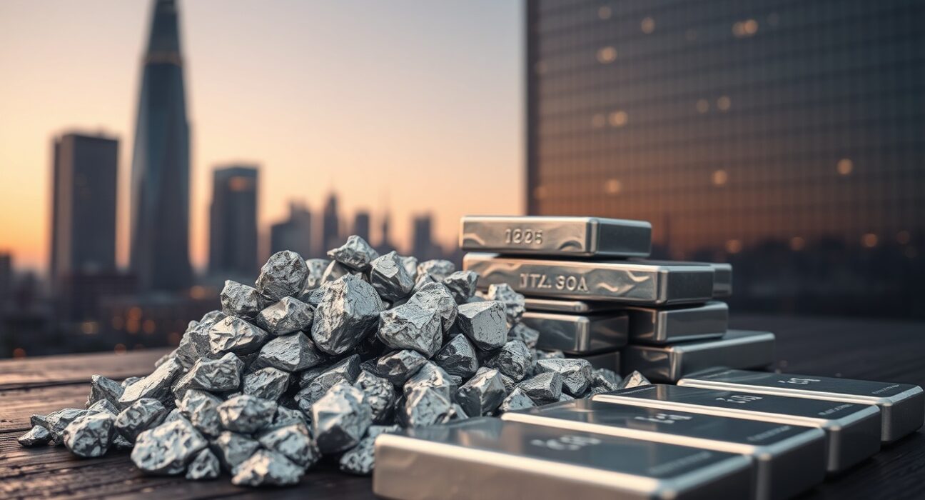 Silver bars and ore on wooden table with city skyline background