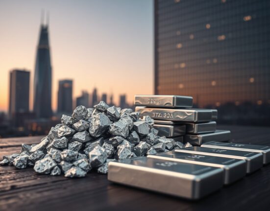 Silver bars and ore on wooden table with city skyline background