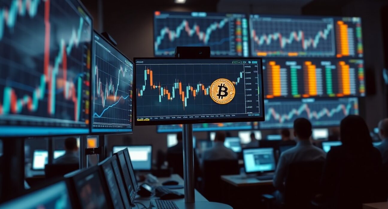 Trading floor with monitors showing Bitcoin chart, representing Silvia's new ETF filings
