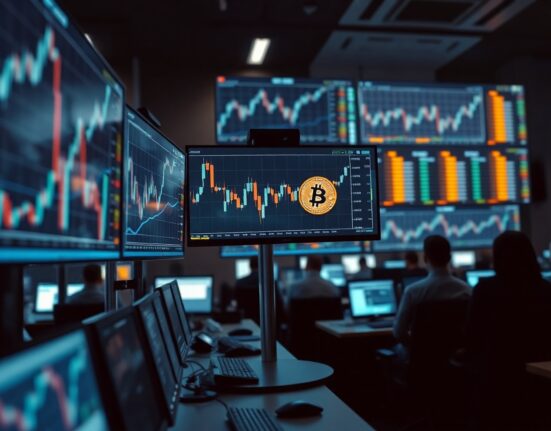Trading floor with monitors showing Bitcoin chart, representing Silvia's new ETF filings