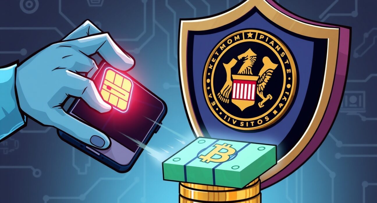 Illustration of a shield protecting Bitcoin from a digital hand, symbolizing the US DOJ's action against a SIM-swapping scam.