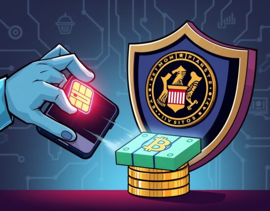 Illustration of a shield protecting Bitcoin from a digital hand, symbolizing the US DOJ's action against a SIM-swapping scam.
