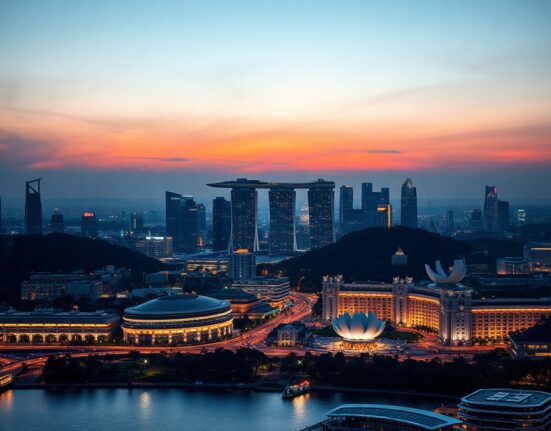 Singapore skyline at dusk with Marina Bay Sands, representing AI-driven economic growth