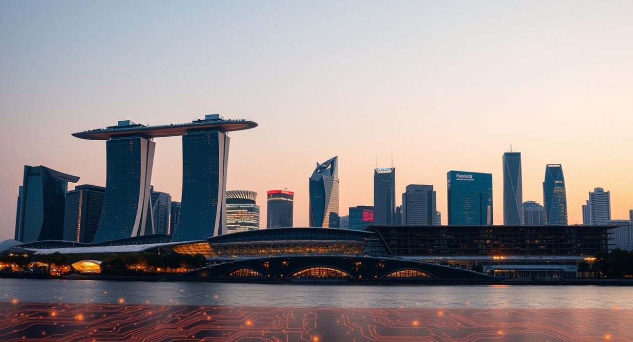 Singapore skyline at dusk with digital data streams symbolizing AI growth