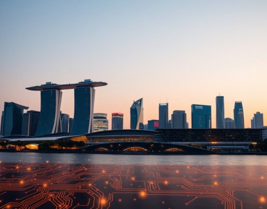 Singapore skyline at dusk with digital data streams symbolizing AI growth