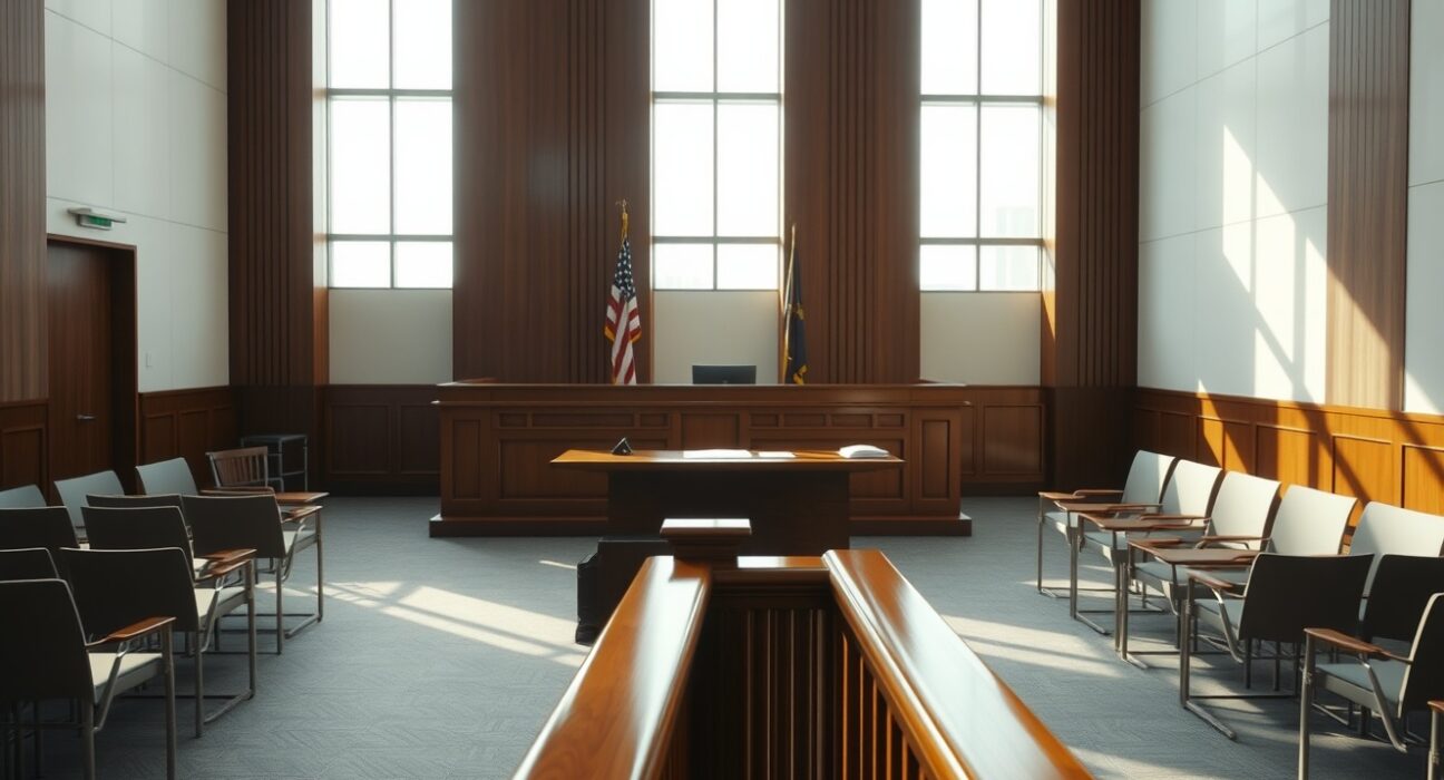 Empty courtroom in Singapore with judge's bench and legal documents