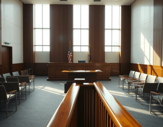 Empty courtroom in Singapore with judge's bench and legal documents