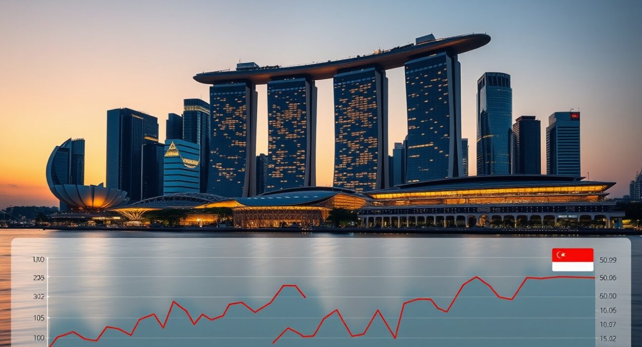 Singapore skyline with inflation data dashboard showing rising CPI trends amid energy price pressures