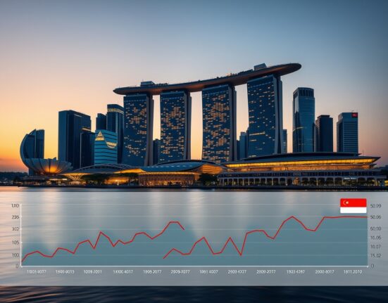 Singapore skyline with inflation data dashboard showing rising CPI trends amid energy price pressures