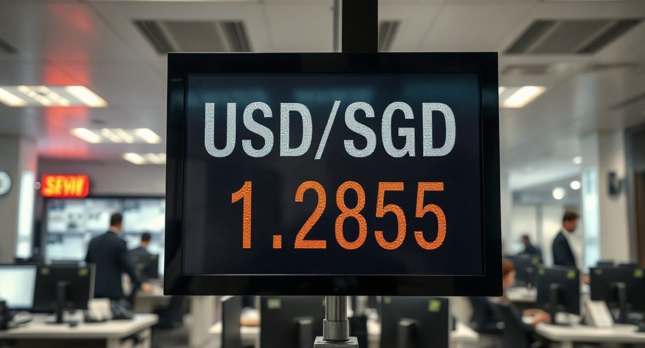 USD/SGD exchange rate board showing 1.2855 in a Singapore financial district trading floor