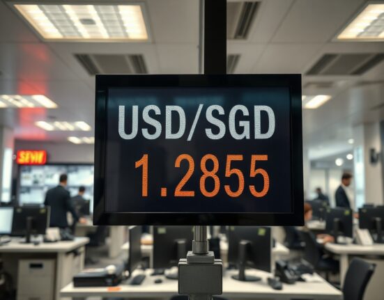 USD/SGD exchange rate board showing 1.2855 in a Singapore financial district trading floor
