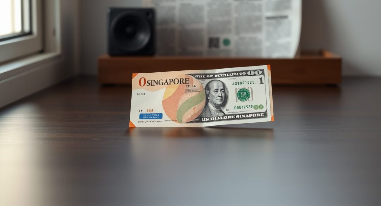 Singapore dollar and US dollar banknotes on a desk representing currency consolidation.