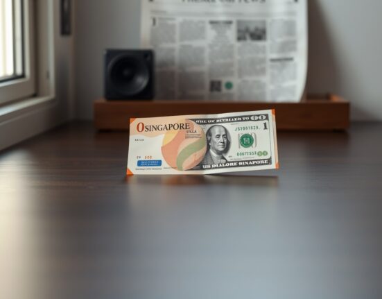 Singapore dollar and US dollar banknotes on a desk representing currency consolidation.